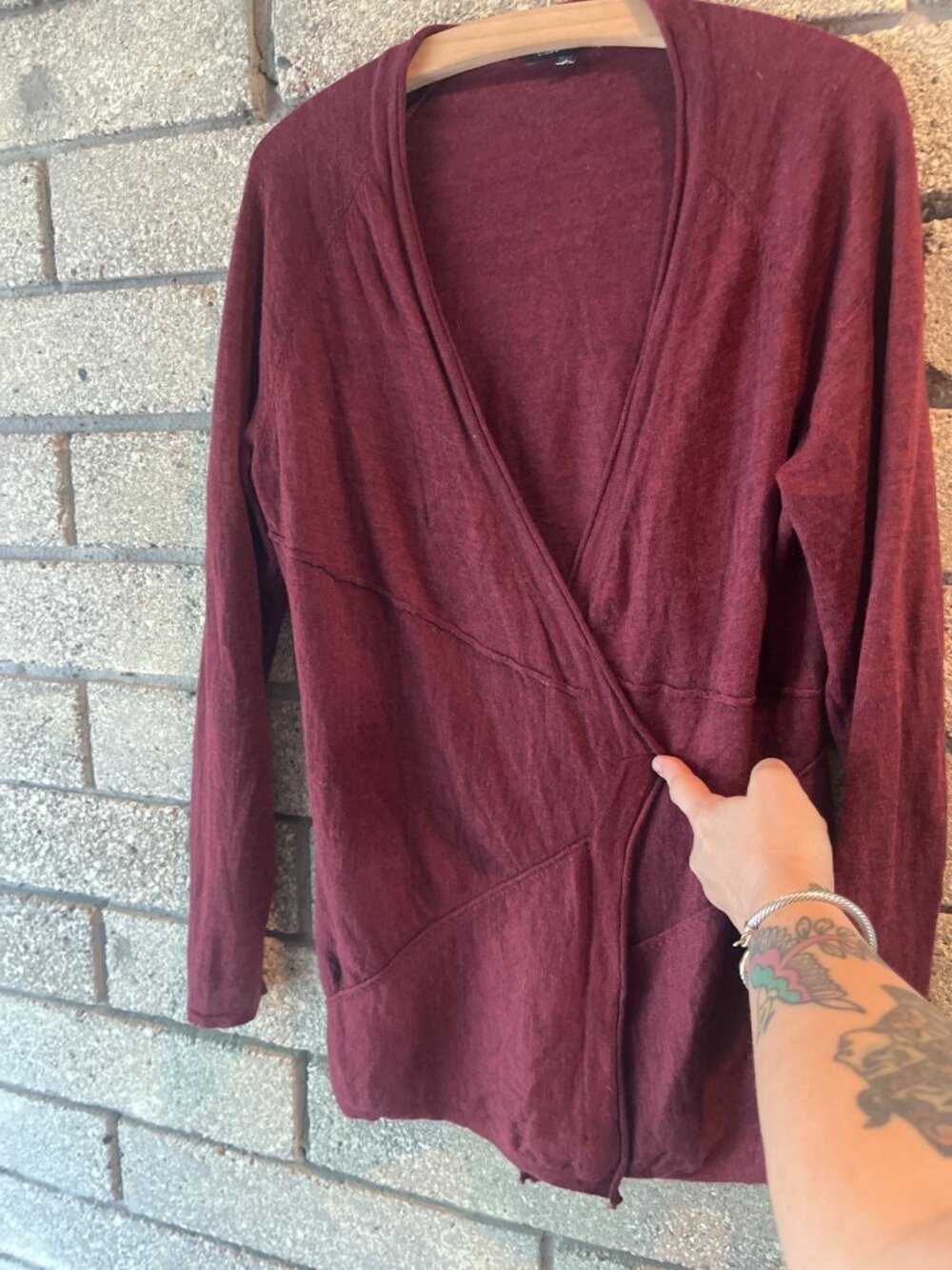Eileen Fisher Burgundy Merino Wool Open Front Cardigan Sweater Womens Small